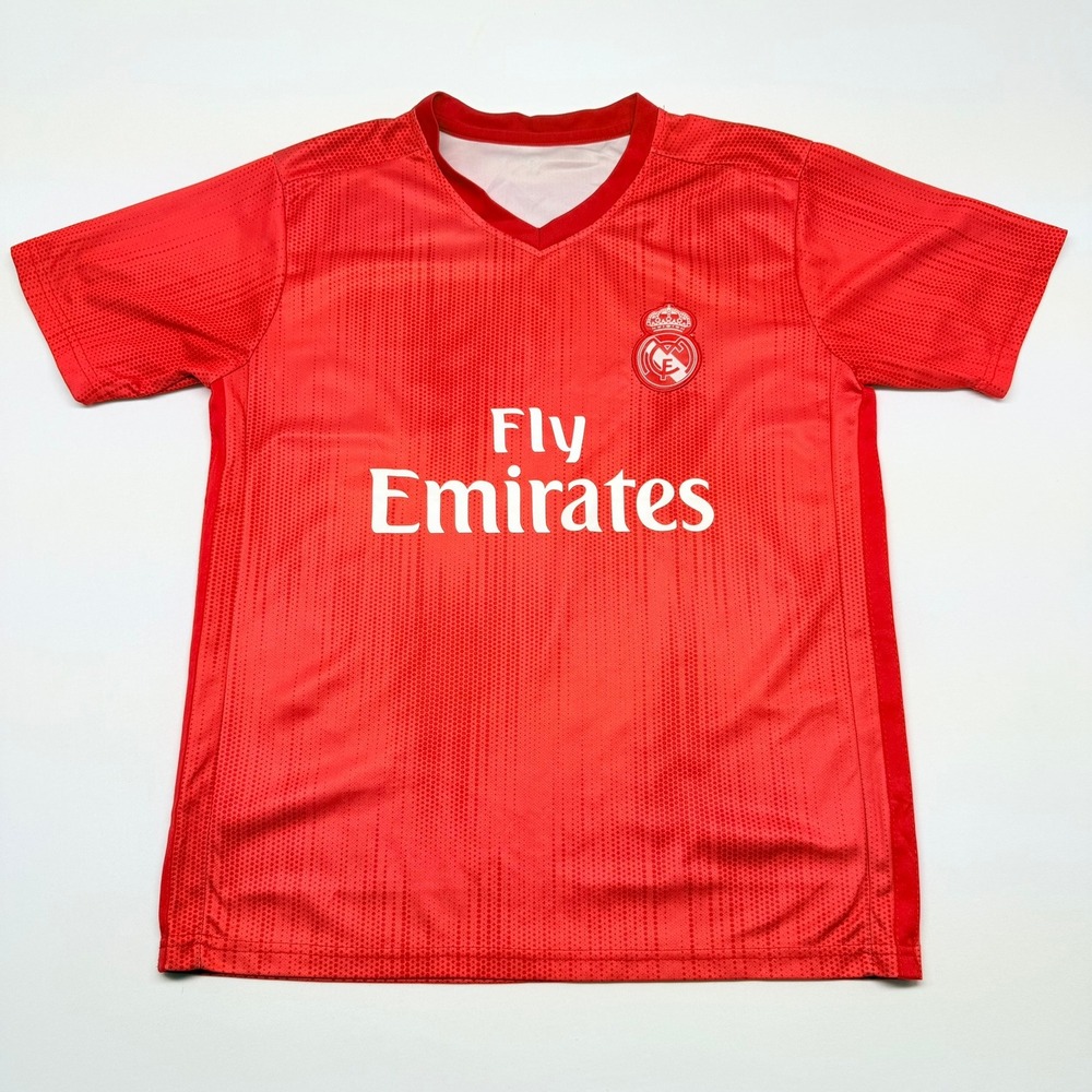 🟡 Real Madrid Soccer Jersey Red Fly Emirates V-Neck Short Sleeve Mens Small